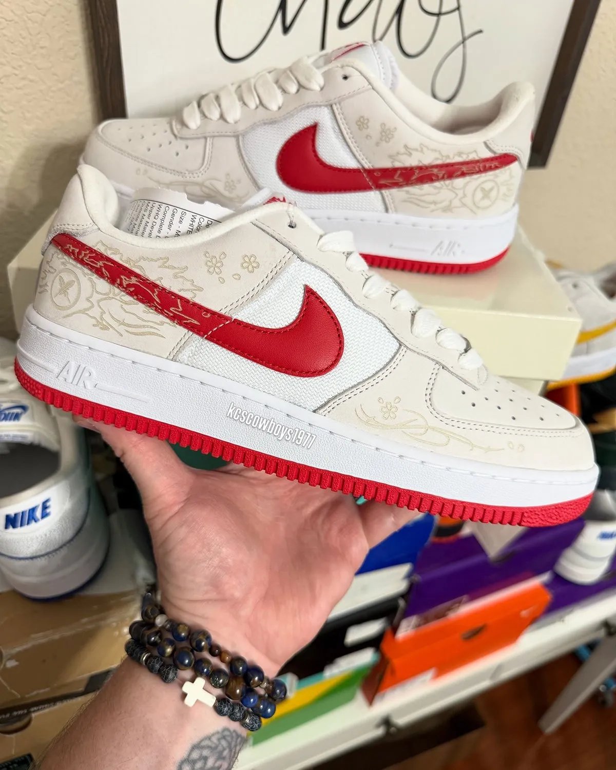 Yuto Horigome x Nike SB Air Force 1 Laser featuring white and red colorway with laser-etched cherry blossom graphics and custom details - detail view 3