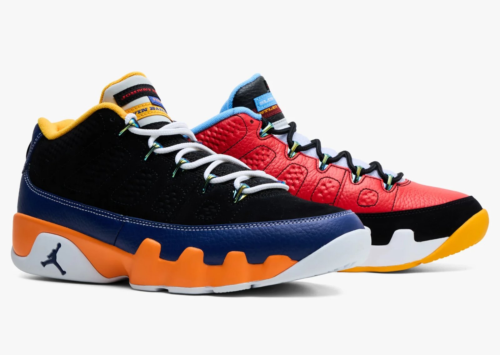 Air Jordan 9 Retro Low What The Kilroy featuring asymmetric red leather and black nubuck with mixed colorway panels from the 1993 Kilroy campaign - detail view 1