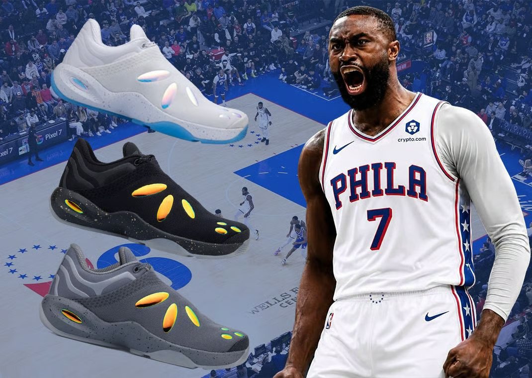 Collection of Nike and Puma signature basketball shoes in team colorways matching new NBA franchises for LeBron James, Jaylen Brown, LaMelo Ball, Ja Morant, and Giannis Antetokounmpo - detail view 3