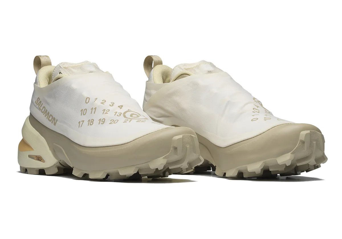 MM6 Maison Margiela x Salomon Cross Dust trail shoe with numeric tag shroud detail in Vanilla Ice and Black colorways - detail view 5