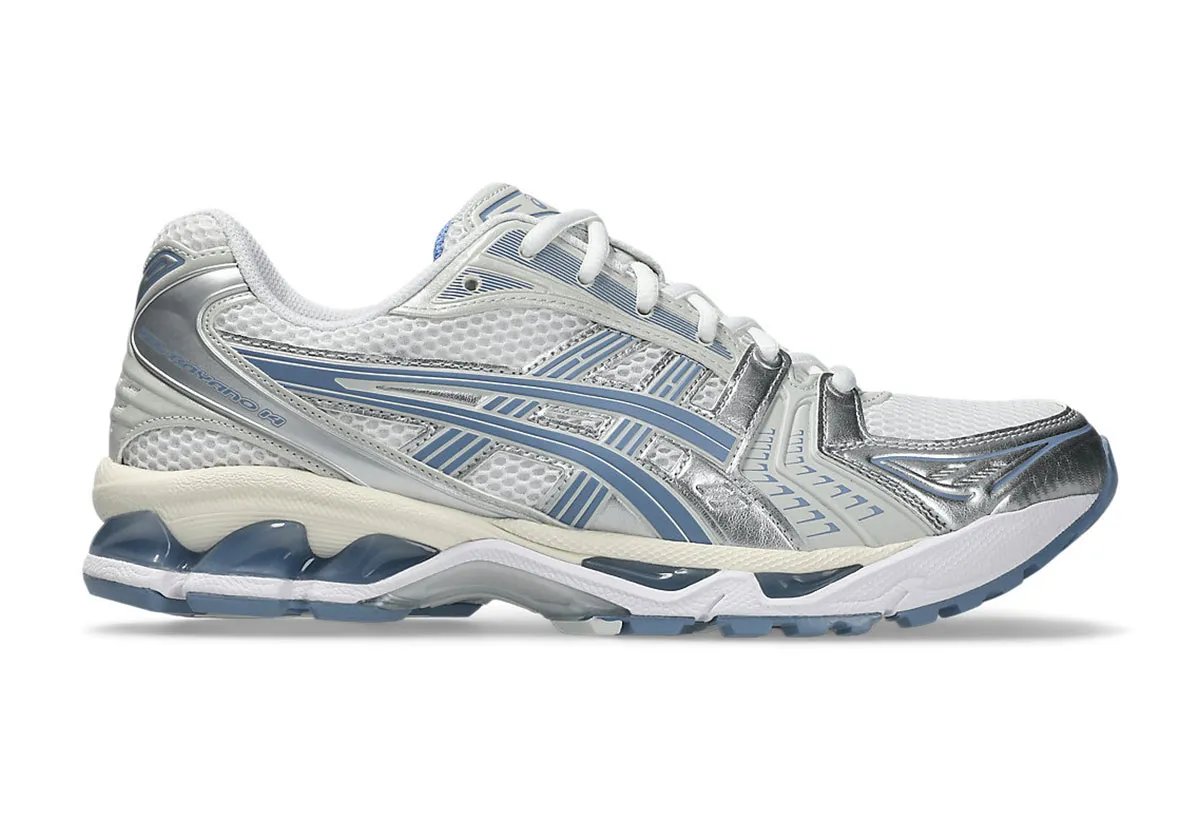 ASICS GEL-Kayano 14 in Light Navy colorway, showing split tongue construction and lateral gel unit - detail view 2