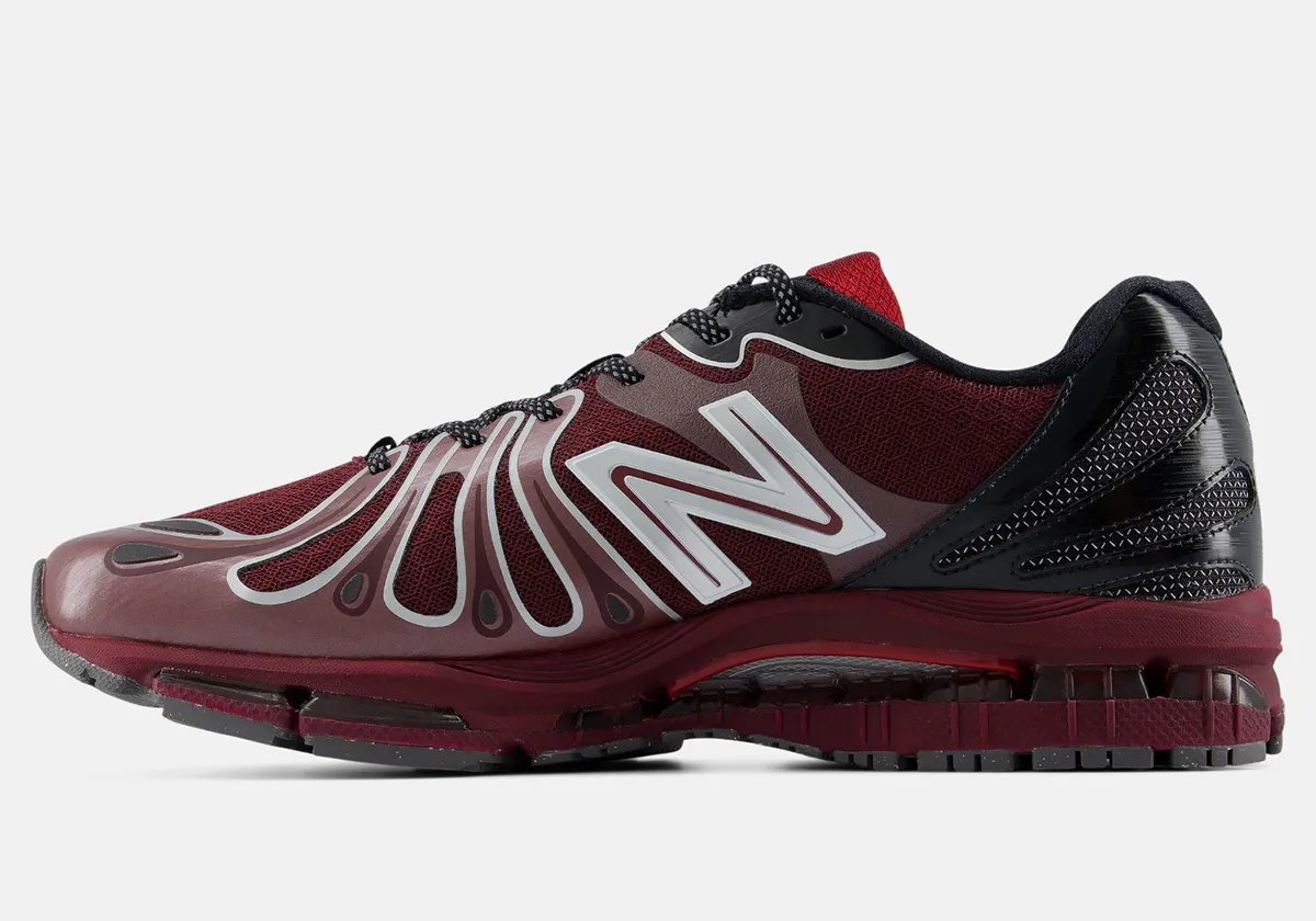 New Balance 1890 Burgundy colorway with jet black heel cage and collar accents - detail view 1