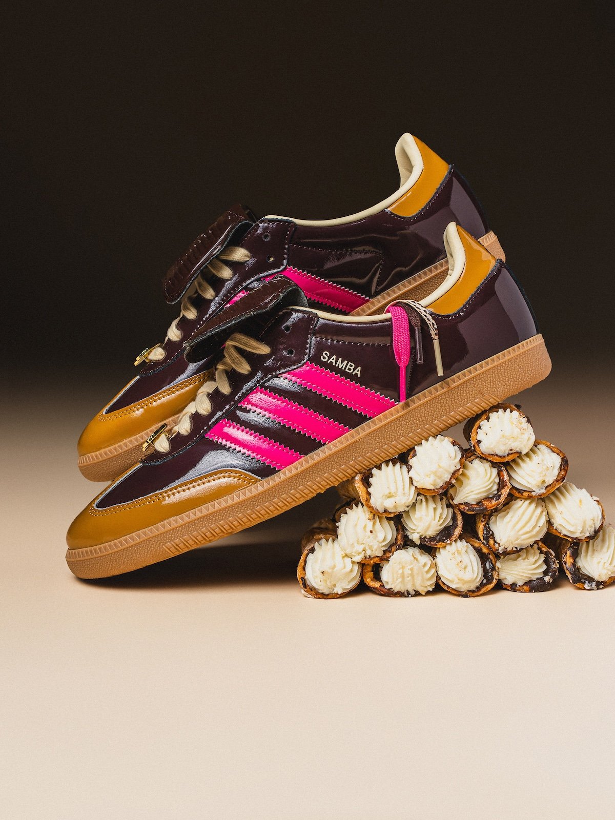 Asphalt x adidas Samba Cannoli in wheat and brown colorway with interchangeable Velcro tongue and custom cannoli charm - detail view 2