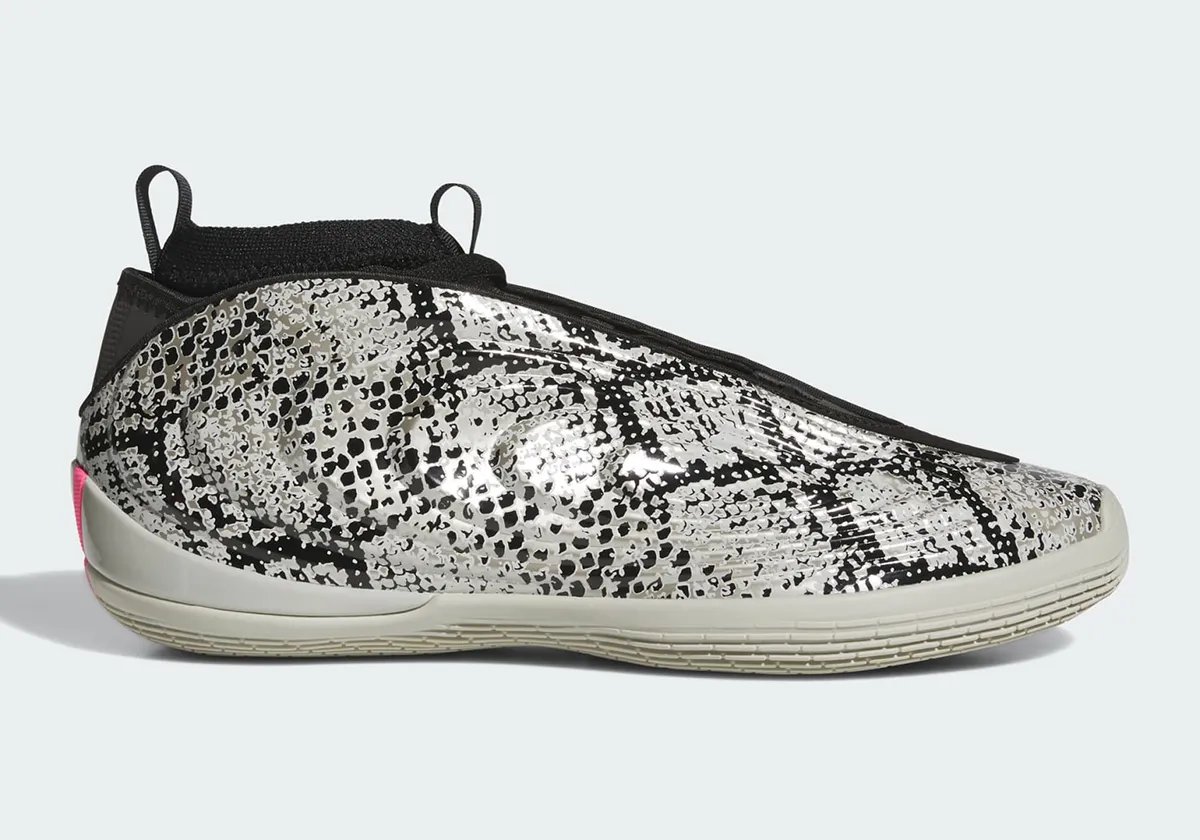 adidas Harden Vol. 10 in black and grey snakeskin print with pink accents and light grey midsole - detail view 2