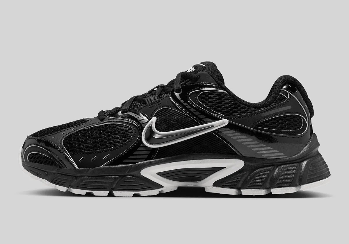 Nike V5 RNR black colorway with glossy leather overlays and grey technical markings, women's sizing - detail view 1