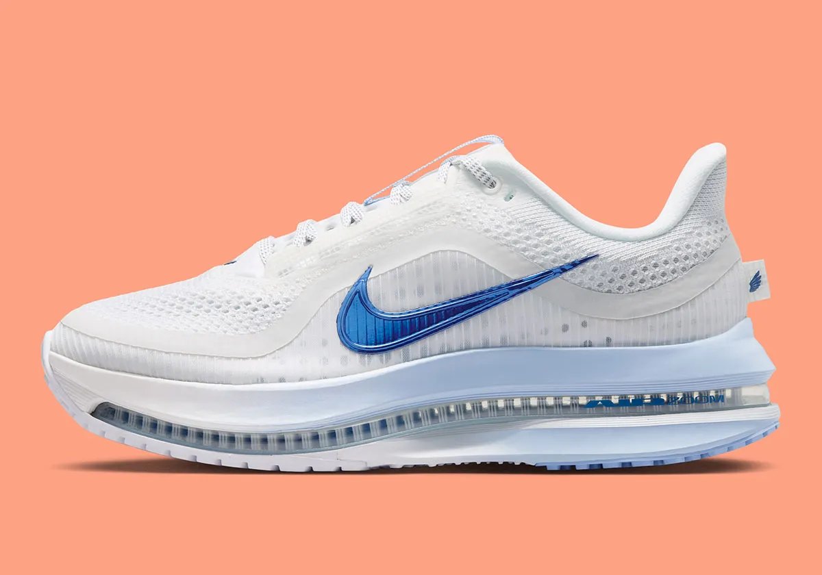 Nike Pegasus Premium White/Aluminum women's running shoe with gradient midsole and royal blue Swoosh - detail view 1