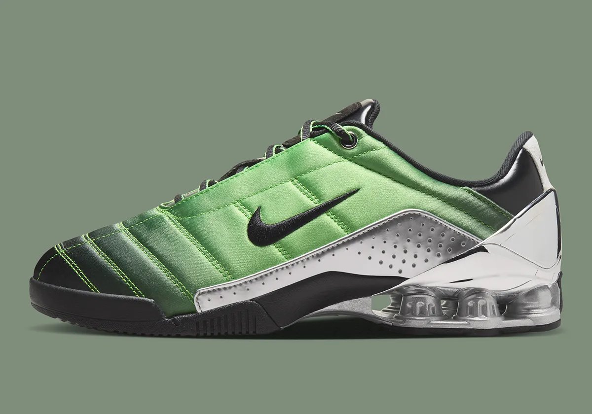 Forget-me-nots x Nike Total 90 Shox Magia in Green Gusto with Metallic Silver accents and black outsole details - detail view 1