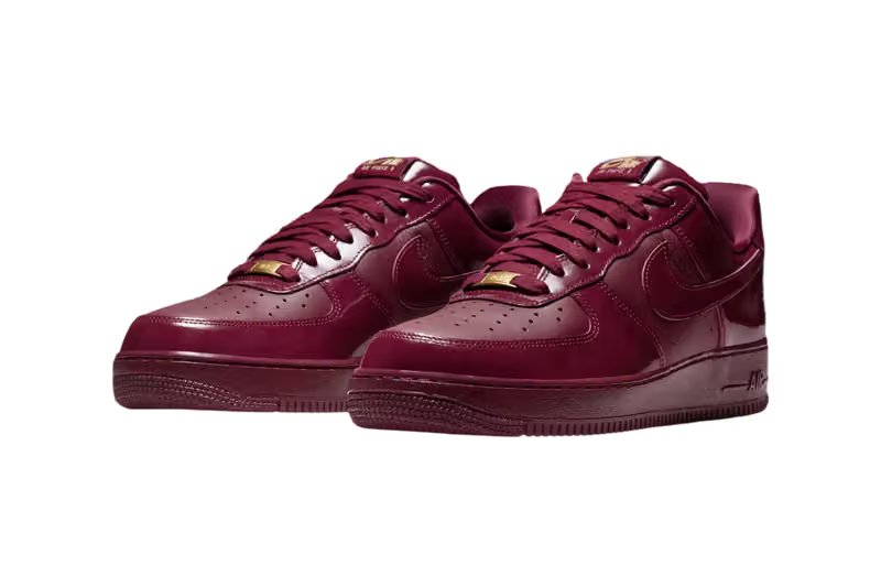 Syna x Nike Air Force 1 '07 Dark Beetroot and Red Oxide colorway with metallic gold accents, lateral view - detail view 3