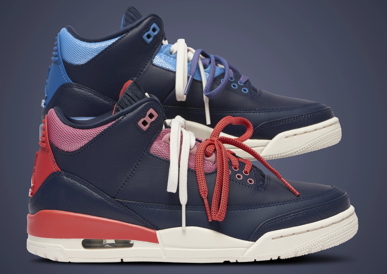 Air Jordan 3 Retro Sports Renaissance women's exclusive showing asymmetric navy, baby blue, and pink colorway with jogger-style tongue detail - detail view 1