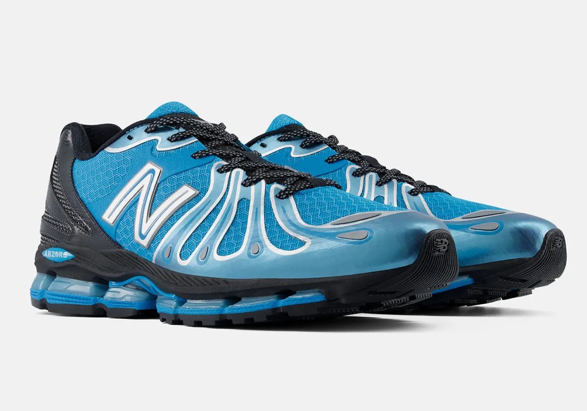 New Balance 1890 in Blue/Silver/Black colorway with brushed metallic toe overlay and blue mesh upper, inspired by Detroit Lions aesthetics