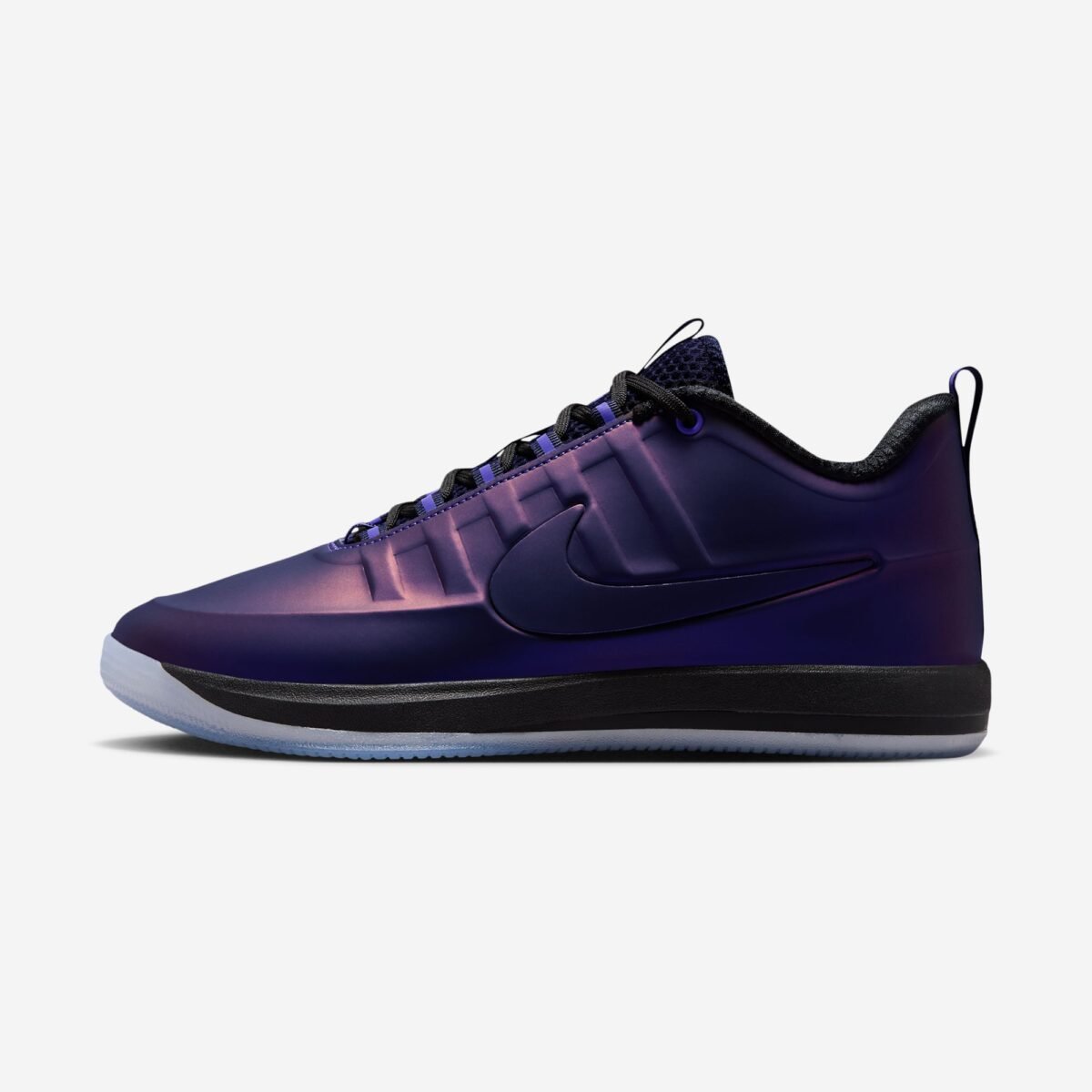 Nike Book 2 PRM Eggplant Foamposite in Varsity Purple with black accents, featuring Foamposite construction - detail view 2