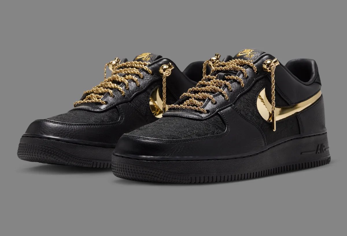 Victor Solomon x Nike Air Force 1 Low Trophies Black with metallic gold Swoosh and chain-style laces - detail view 2
