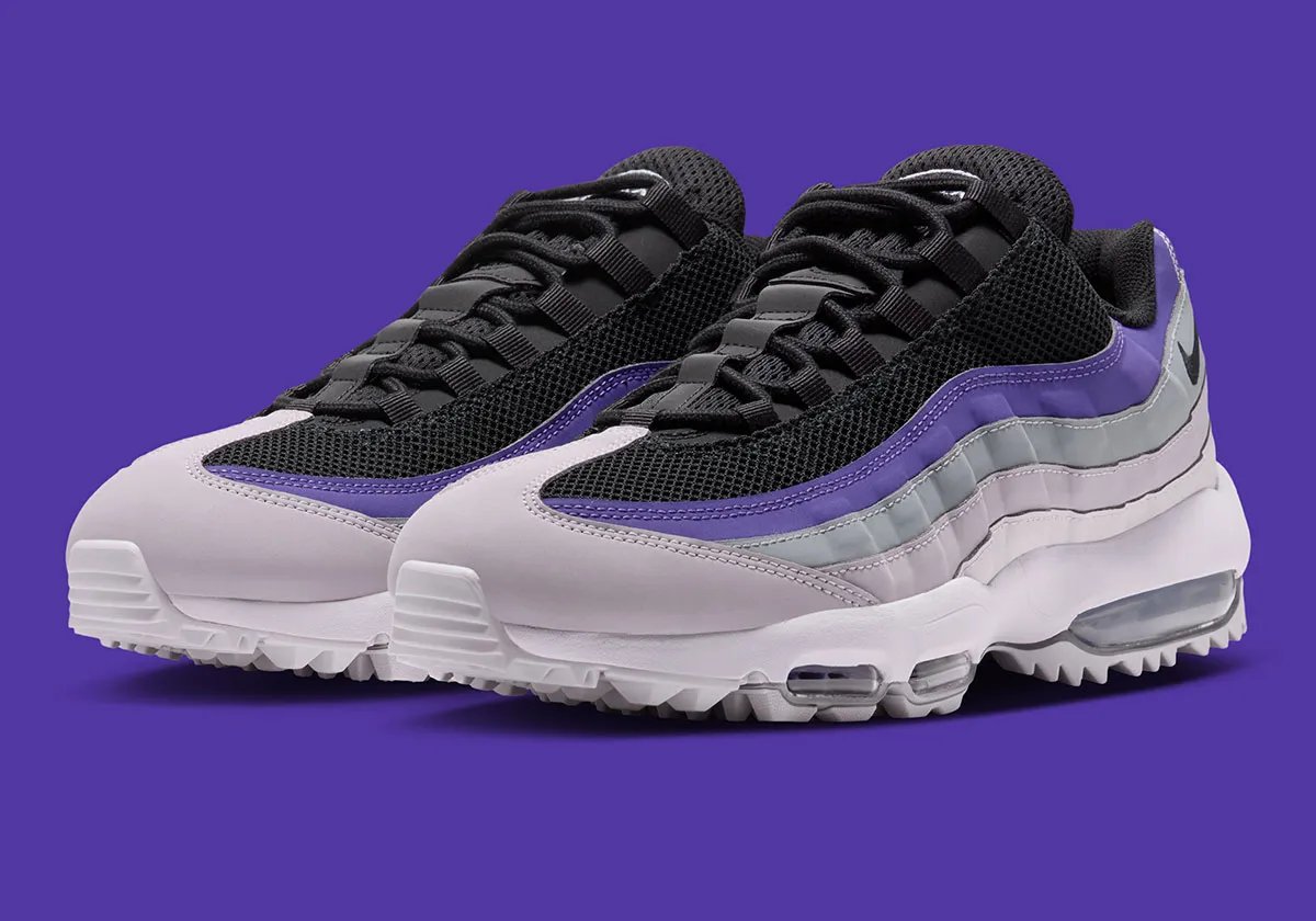 Nike Air Max 95 Golf Dark Iris with grey gradient upper, black midline mesh, and purple collar stripe accent