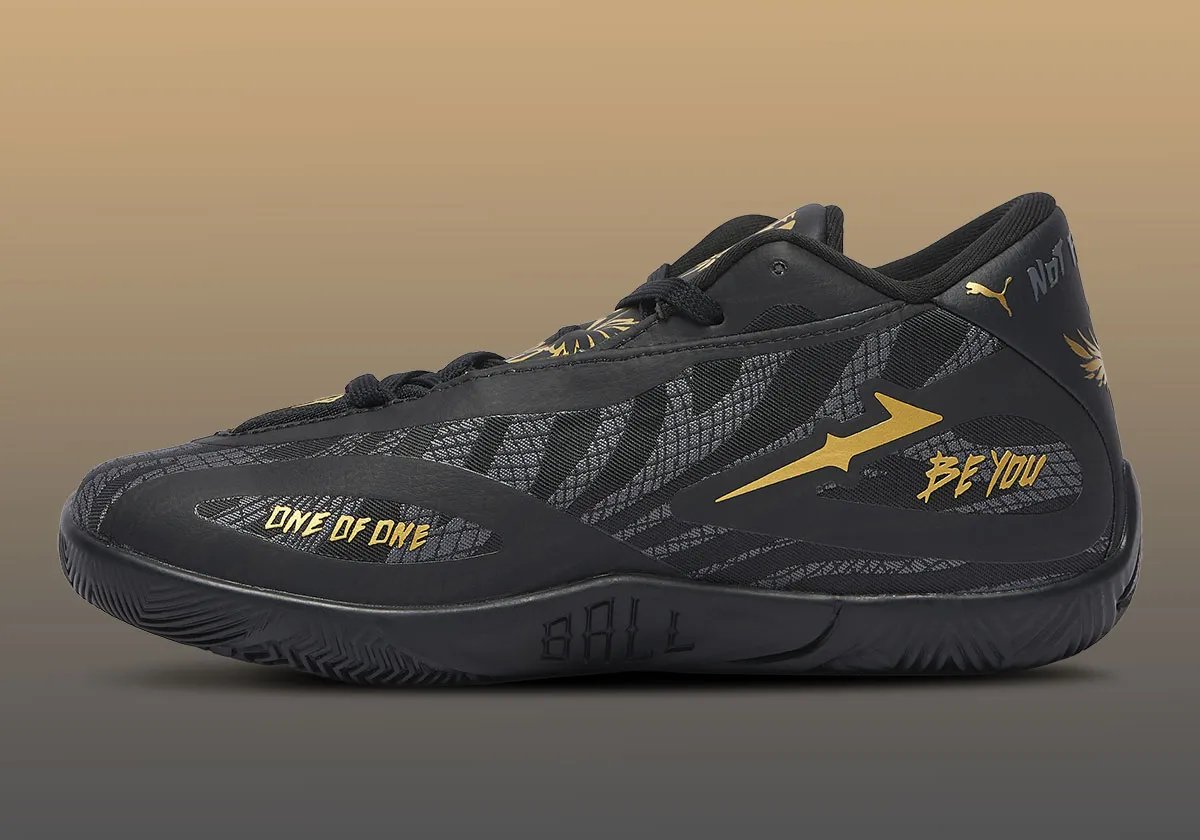 PUMA MB.06 in Black with metallic gold accents on tattoo-inspired graphics, LaMelo Ball signature model - detail view 3