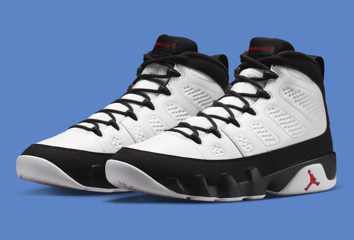 Air Jordan 9 OG Space Jam in White, Black, and True Red colorway, scheduled for September 2026 release - detail view 3