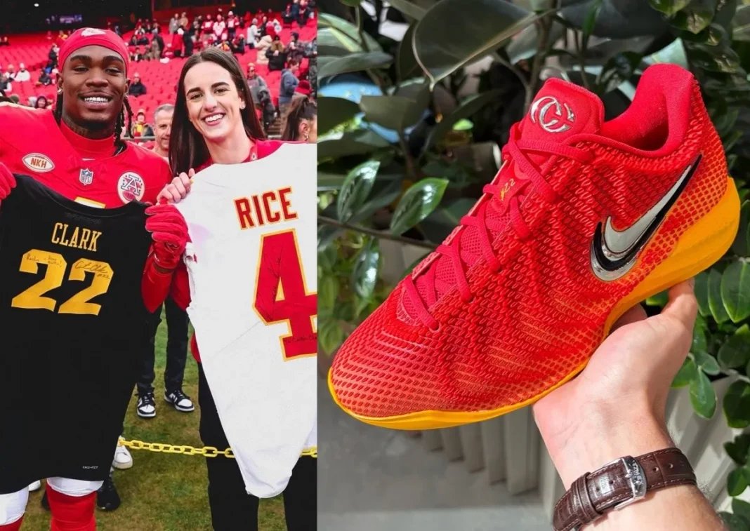 Nike Caitlin 1 Chiefs colorway in red and gold, featuring oversized Swoosh and metallic tongue branding - detail view 1
