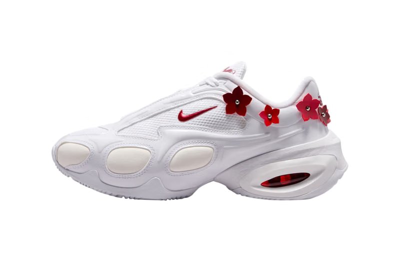 Nike Air Max Muse Floral Pack in white leather with metallic silver beaded flower hardware at the heel - detail view 2