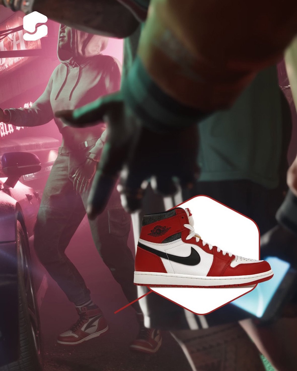 Character wearing graffiti-covered mid-top sneaker in Grand Theft Auto 6 Extended Look, inspired by Off-White x Nike Air Force 1 Mid design - detail view 4