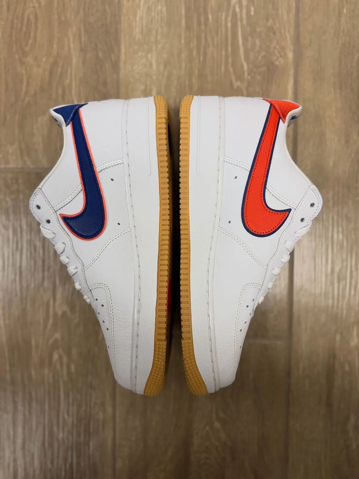 Scarr's Pizza x Nike Air Force 1 Low sample in white pebbled leather with mismatched double-layer Swooshes and updated tongue graphic - detail view 3