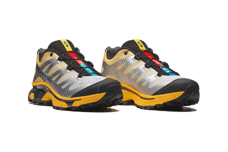 Salomon XT-4 OG Race Flag Pack in Lemon, Transcend Blue, and Fiery Red colorways with metallic silver base - detail view 2