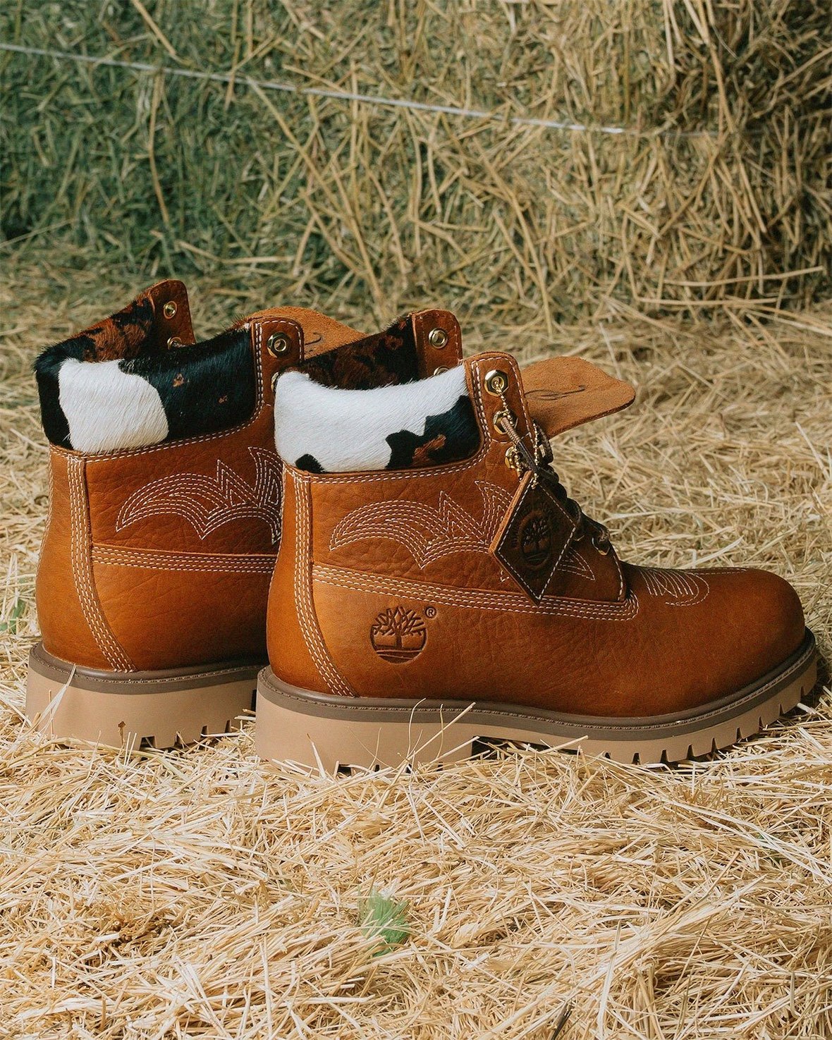 Sneaker Politics x Timberland Outlaw and Rodeo 6-Inch Boots in black pebbled leather and brown cow-print, September 2026 release - detail view 3