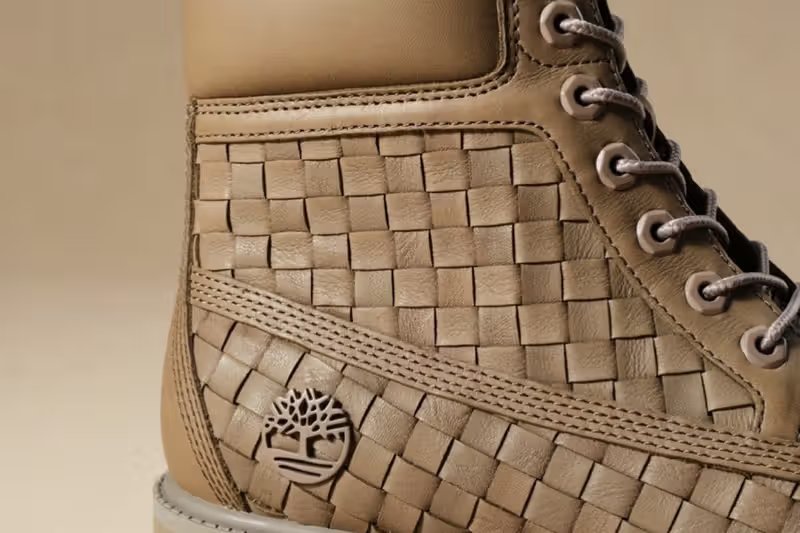 Timberland 6-Inch Premium Woven Boot in Olive with interlocking woven leather pattern - detail view 4