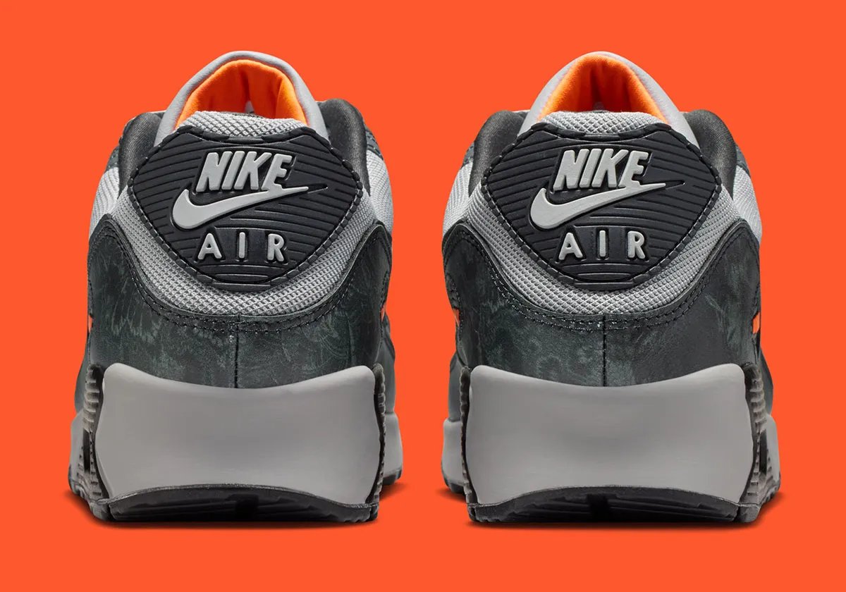 Nike Air Max 90 in greyscale with printed mudguard and Hyper Crimson accents - detail view 5