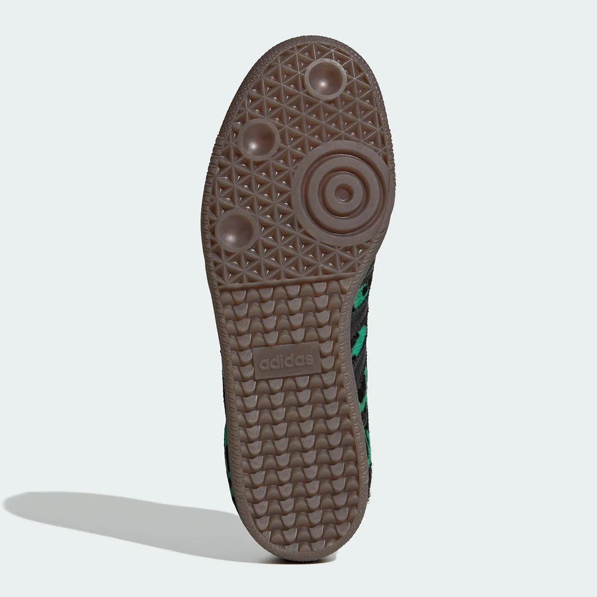 adidas Samba in viridescent green with pony hair leopard print upper and dark gum sole - detail view 3
