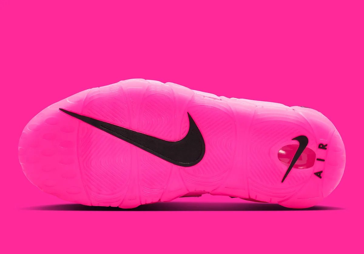 Nike Air More Uptempo '96 in Pink Blast colorway, featuring the signature exaggerated toe box and translucent forefoot paneling - detail view 2