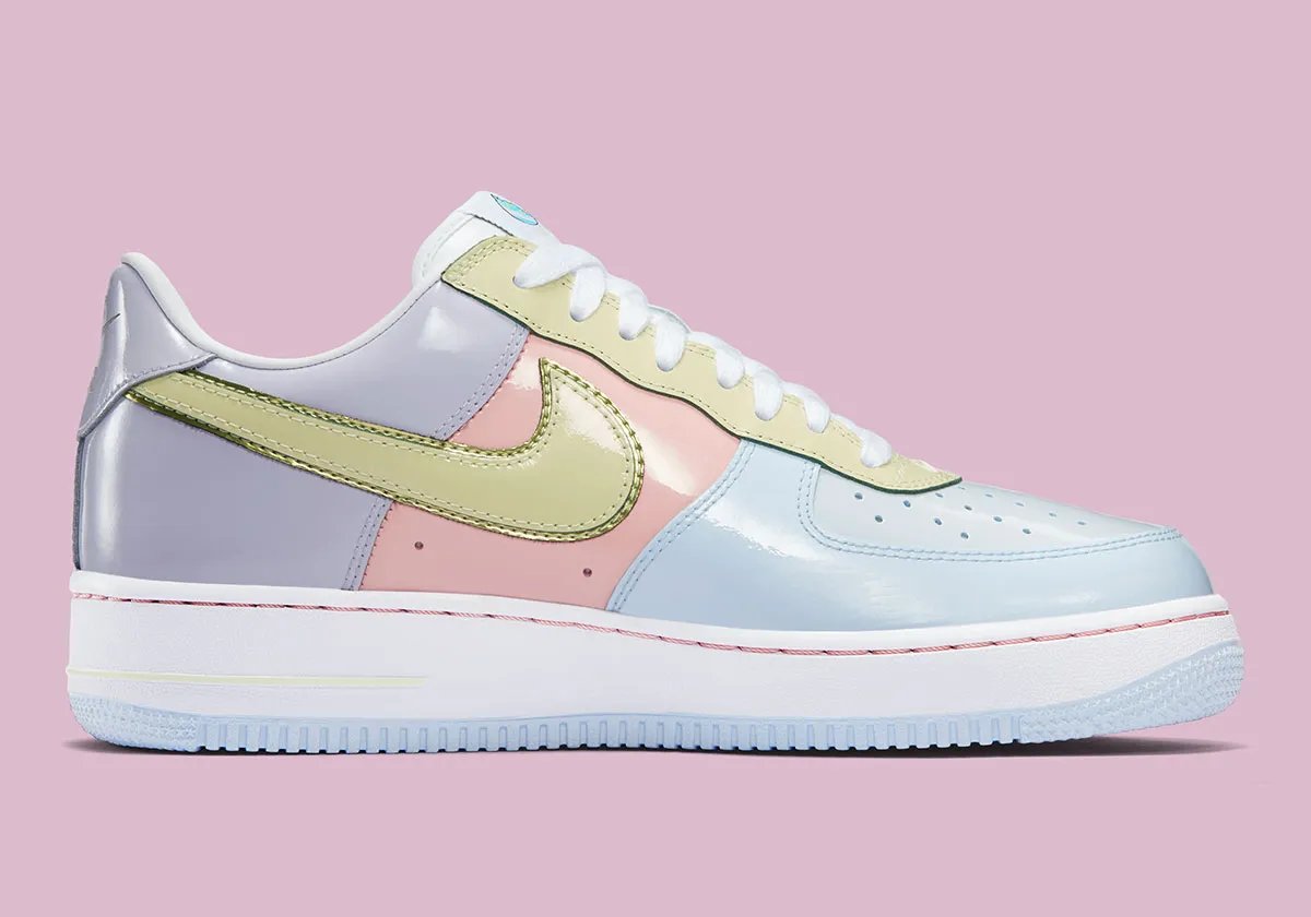 Nike Air Force 1 Low Easter in Titanium blue, Lime Ice green, and Storm Pink patent leather with cracked egg graphic details - detail view 2