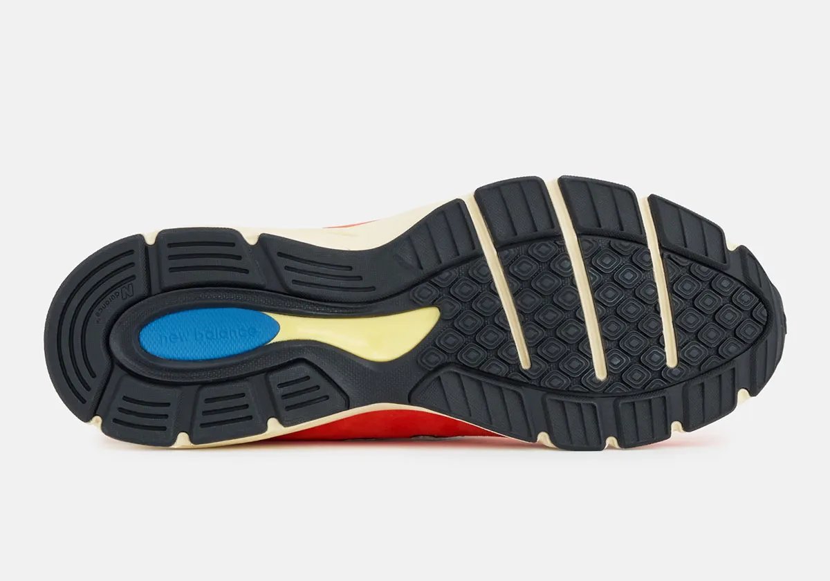 New Balance 990v4 in Urgent Red and Maize colorway, Bart Simpson-inspired design with suede overlays and mesh base - detail view 2
