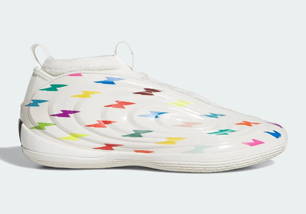 adidas Harden Vol. 10 "Thunderbolt" in white with multicolor lightning bolt graphics, Jalen Williams player exclusive - detail view 1