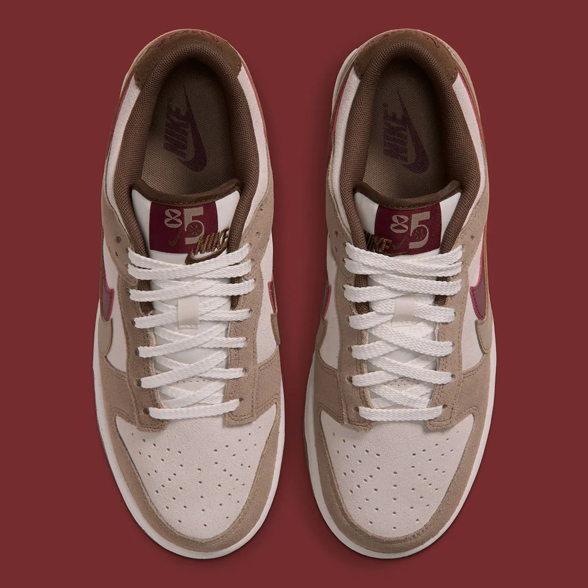Nike Dunk Low Double Swoosh with dual Swoosh branding in brown and burgundy leather, Fall/Winter 2026 - detail view 3
