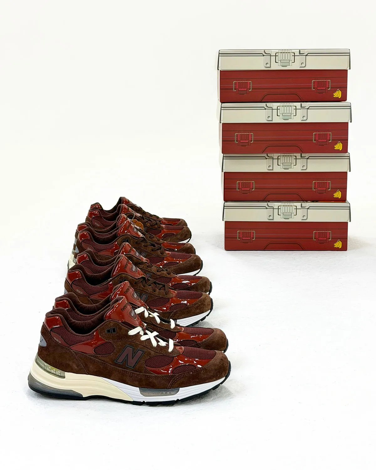 Amine x New Balance 992 Outdoor School in brown suede with red patent leather panels and blue sole accents - detail view 3