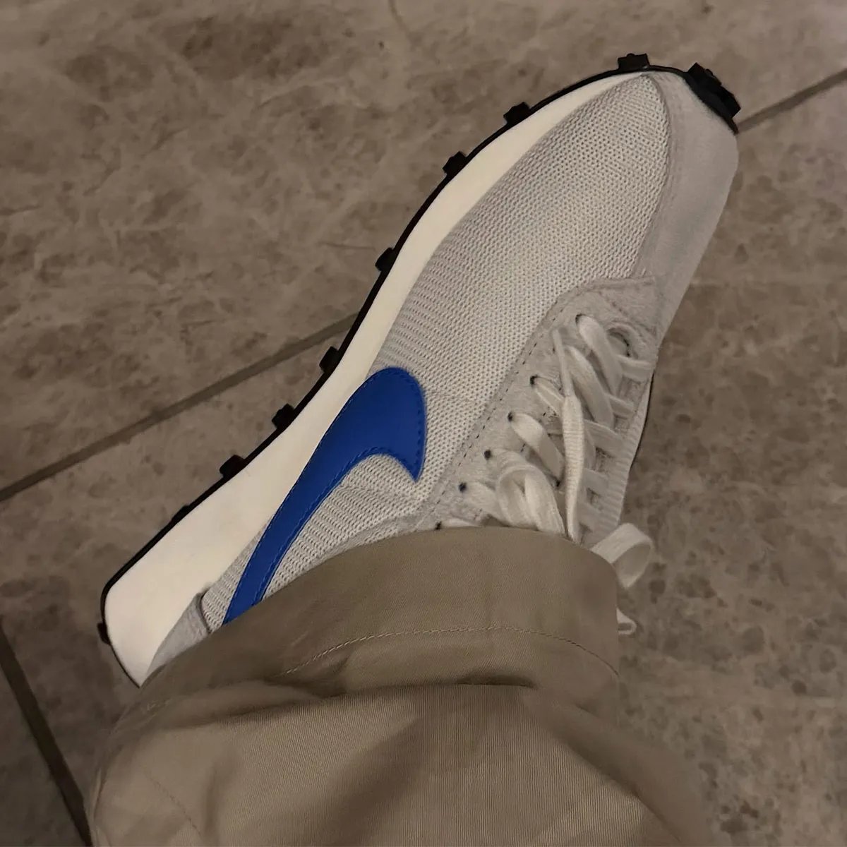Silver mesh and blue Swoosh Nike LD-1000 sneaker posted by Hiroshi Fujiwara, possibly Fragment Design collaboration - detail view 2