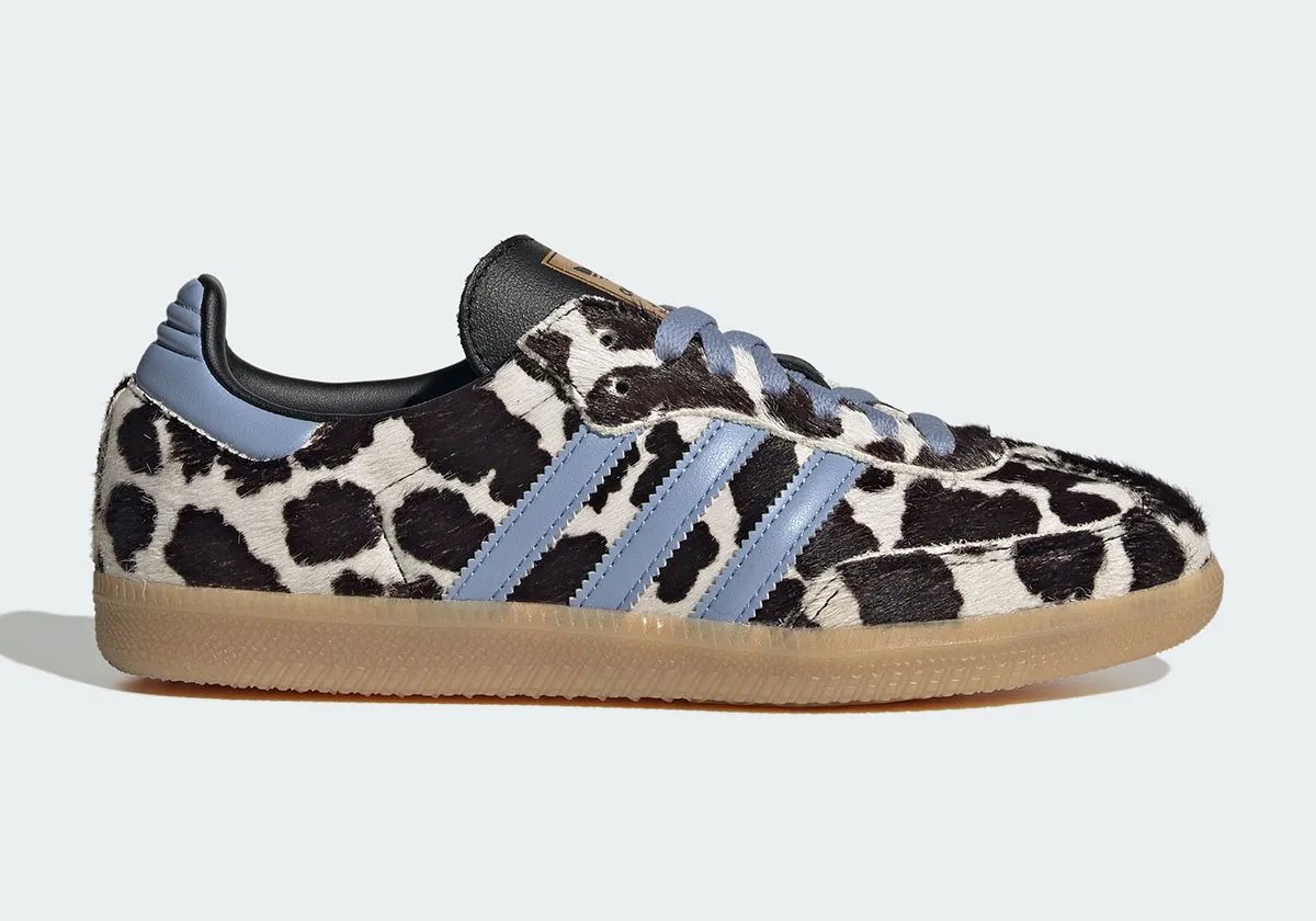 adidas Samba Cow Print in white pony hair with black spots and light blue accents, women's sizing - detail view 1