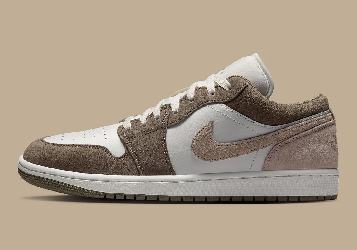 Nike Air Jordan 1 Low in Olive Grey suede, showing detailed quarter panel and toe box construction - detail view 1