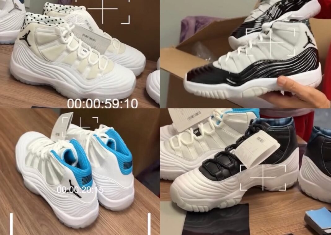 Boyz II Men Air Jordan 11 design samples showing wave graphics, plaid, and polka dot prototypes from the collaborative project - detail view 1