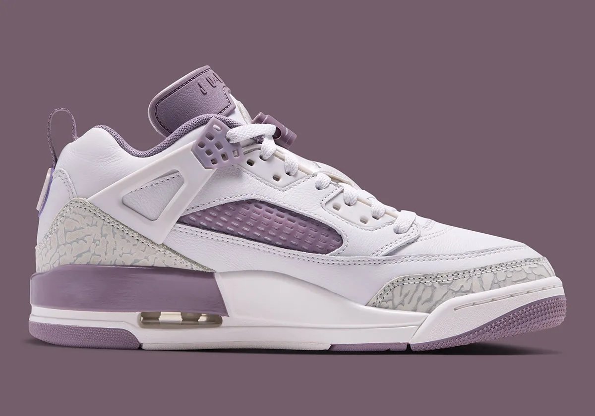 Jordan Spiz'ike Low 'Swan' women's colorway featuring swan white and light violet leather with grey elephant print detail - detail view 3