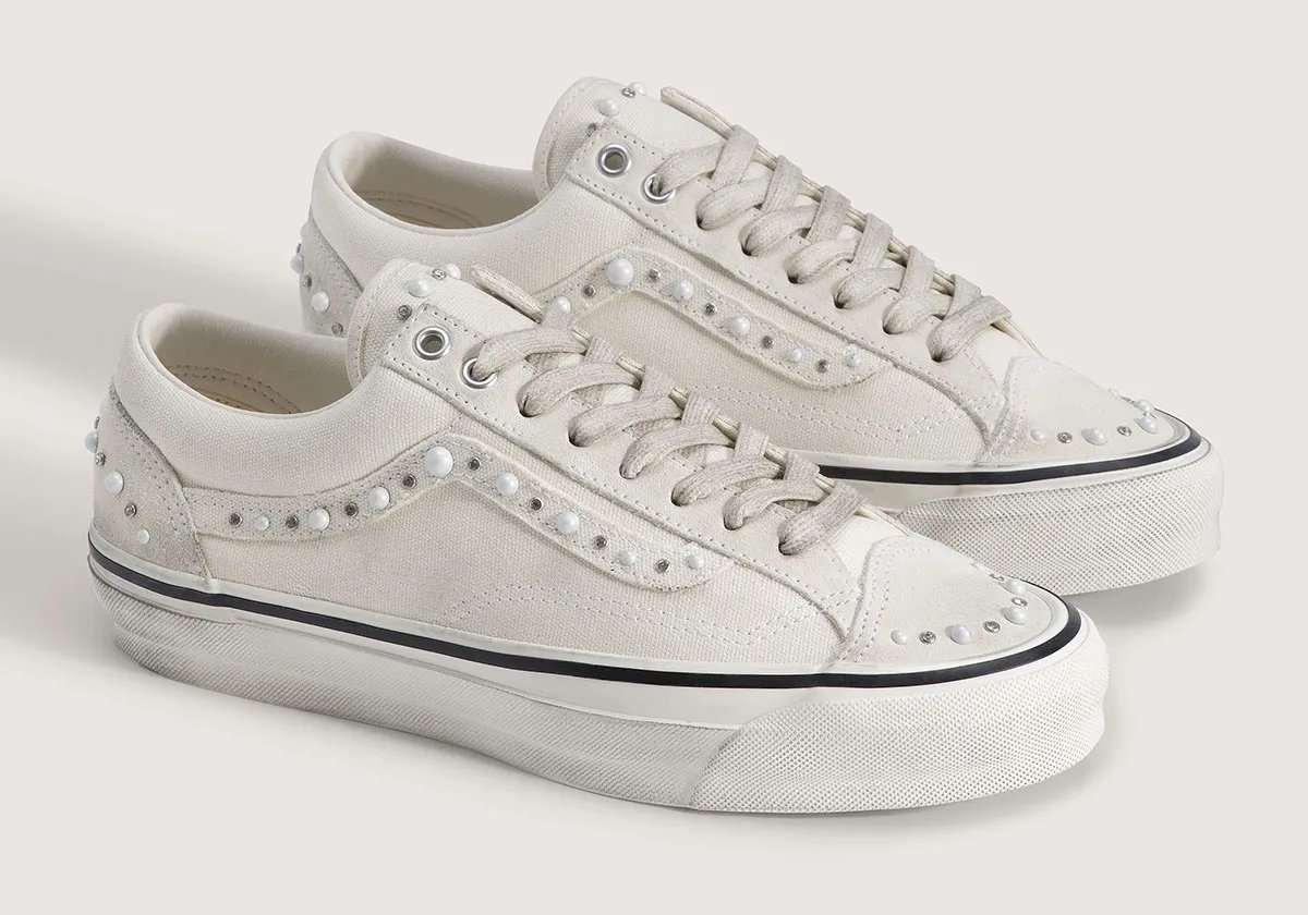 Vans Old Skool Pearlized Marshmallow with pearl and stone detailing on canvas upper, tongue, and heel panels - detail view 1