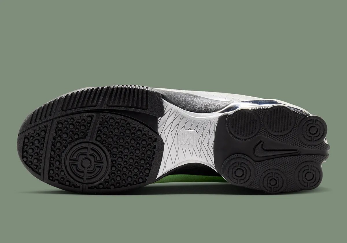 Forget-me-nots x Nike Total 90 Shox Magia in Green Gusto with Metallic Silver accents and black outsole details - detail view 2
