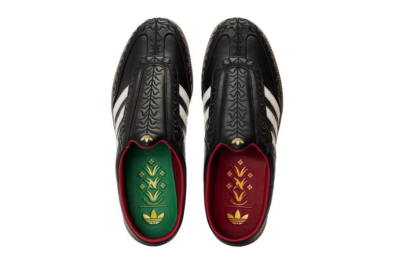adidas Originals x VegNonVeg Samba Mule in Black/Cream/Gum showing open-back mule construction with pointed padded tongue and botanical embroidery details - detail view 4