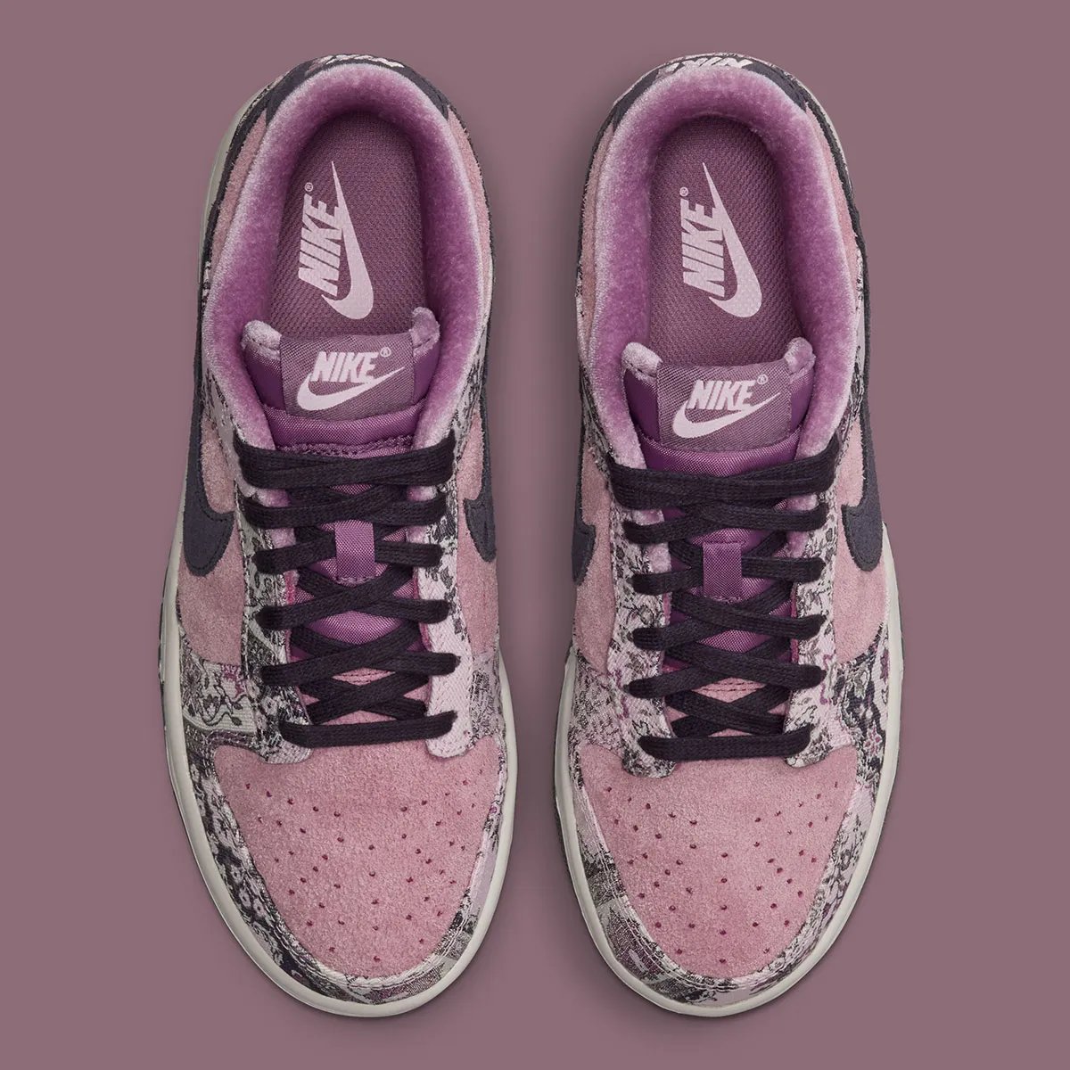Nike Dunk Low Premium Botanical Rug in Foam Pink suede with Dusty Purple accents and printed botanical fabric overlays - detail view 4