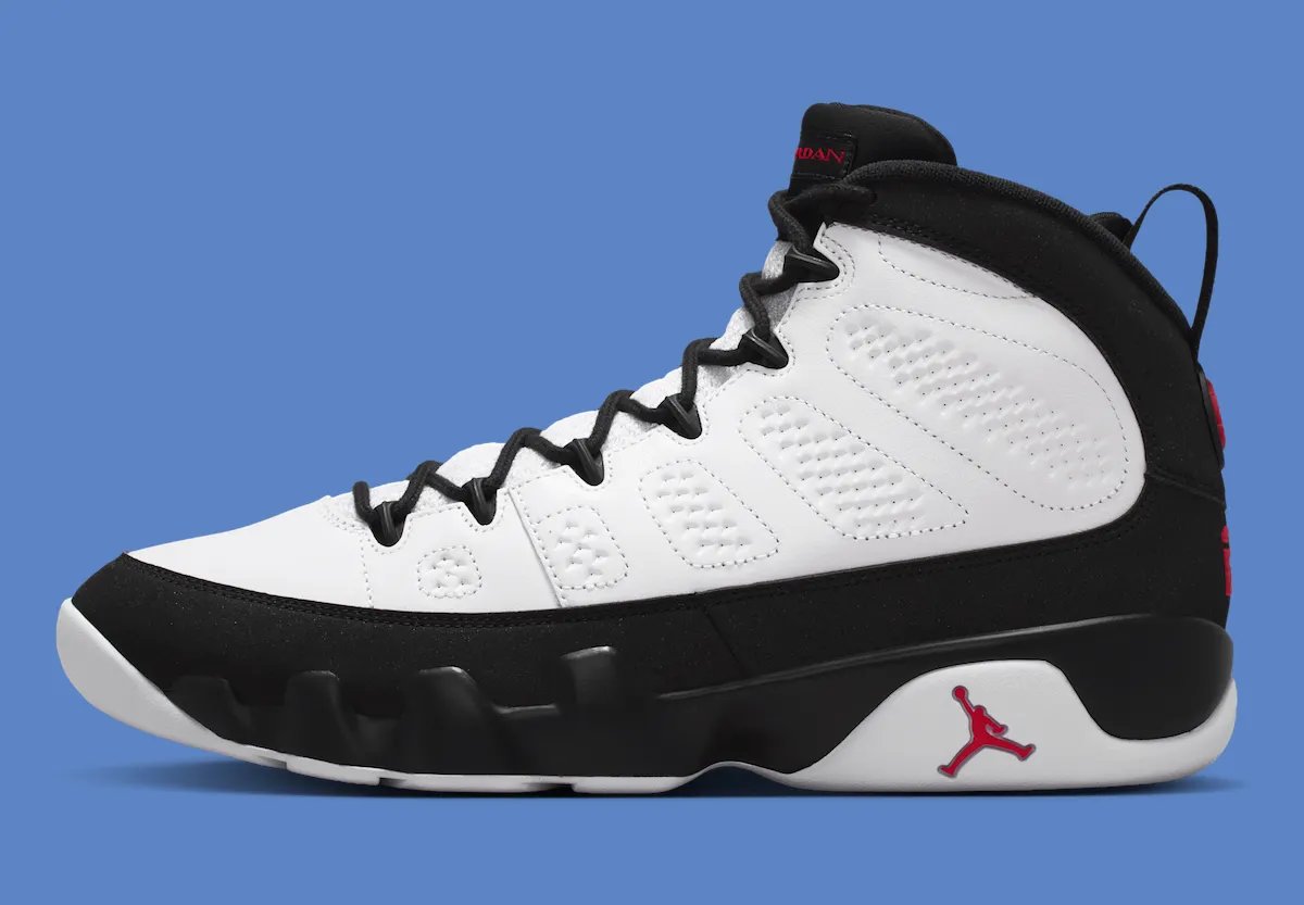 Air Jordan 9 OG Space Jam in White, Black, and True Red colorway, scheduled for September 2026 release - detail view 4