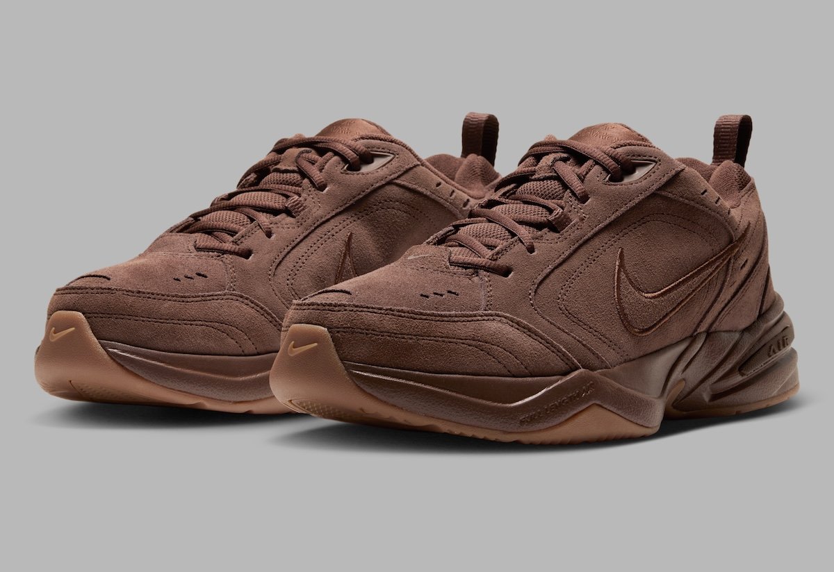 Nike Air Monarch Suede Pack in Cacao Wow and Black colorways with Gum Medium Brown outsoles, Holiday 2026 release - detail view 2