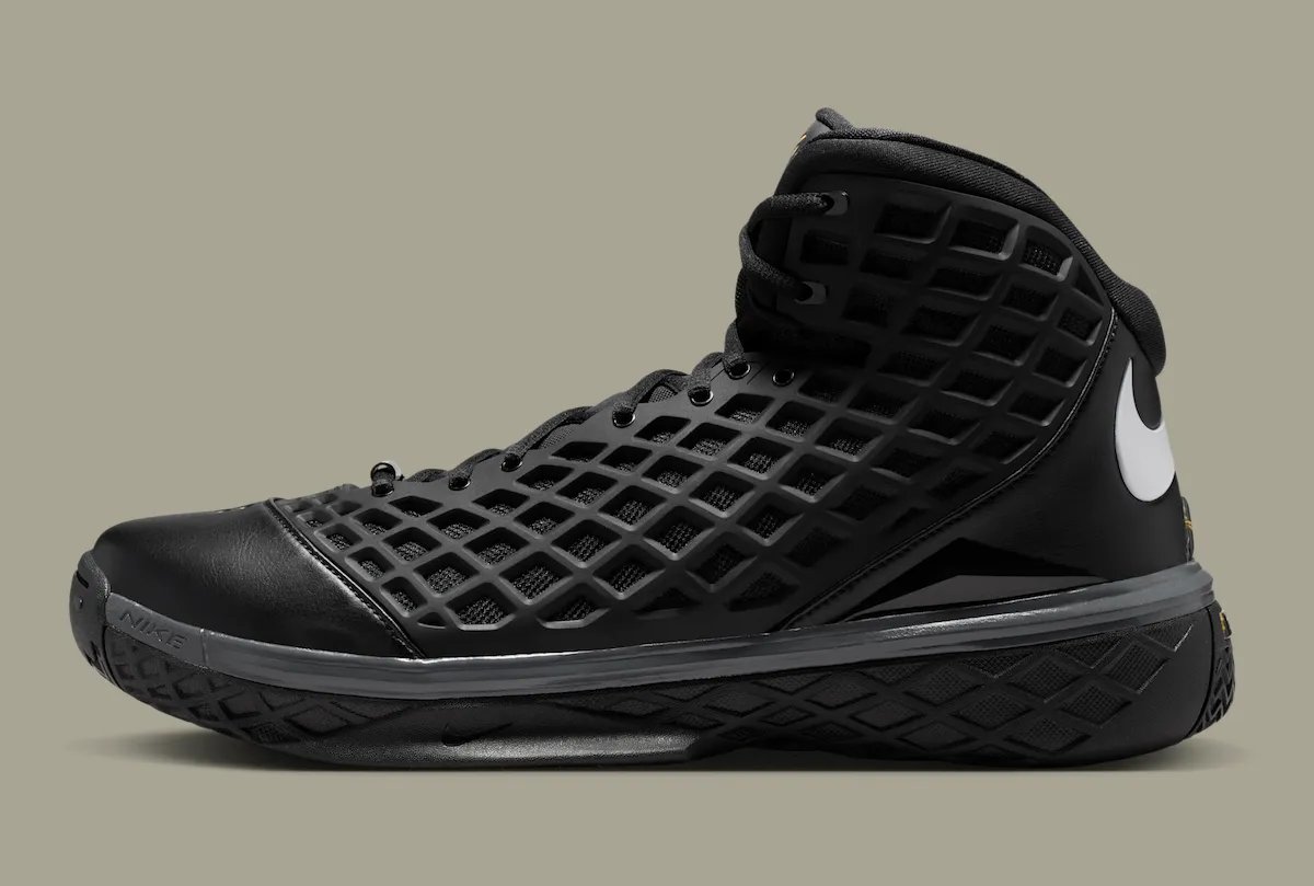 Nike Kobe 3 Protro Orca in black, white, and gold colorway with high-top silhouette and gold Kobe sheath logo - detail view 3