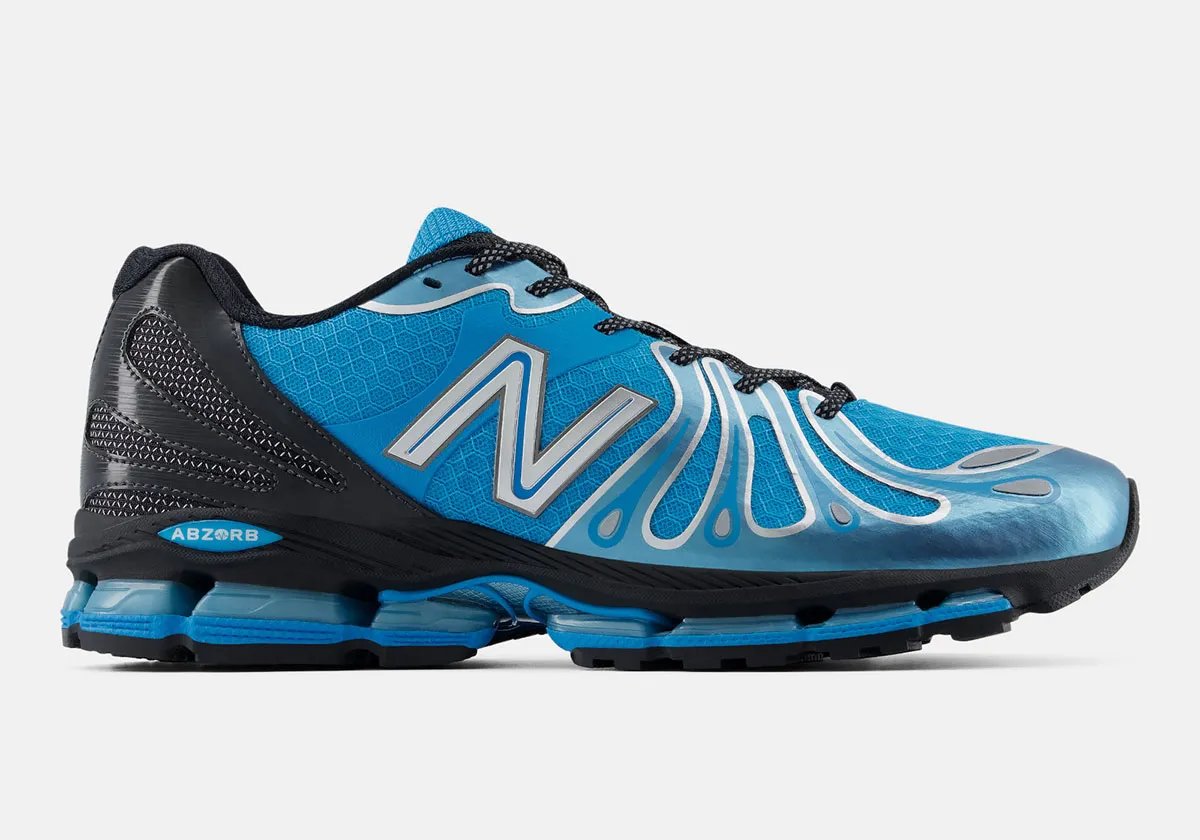 New Balance 1890 in Blue/Silver/Black colorway with brushed metallic toe overlay and blue mesh upper, inspired by Detroit Lions aesthetics - detail view 1