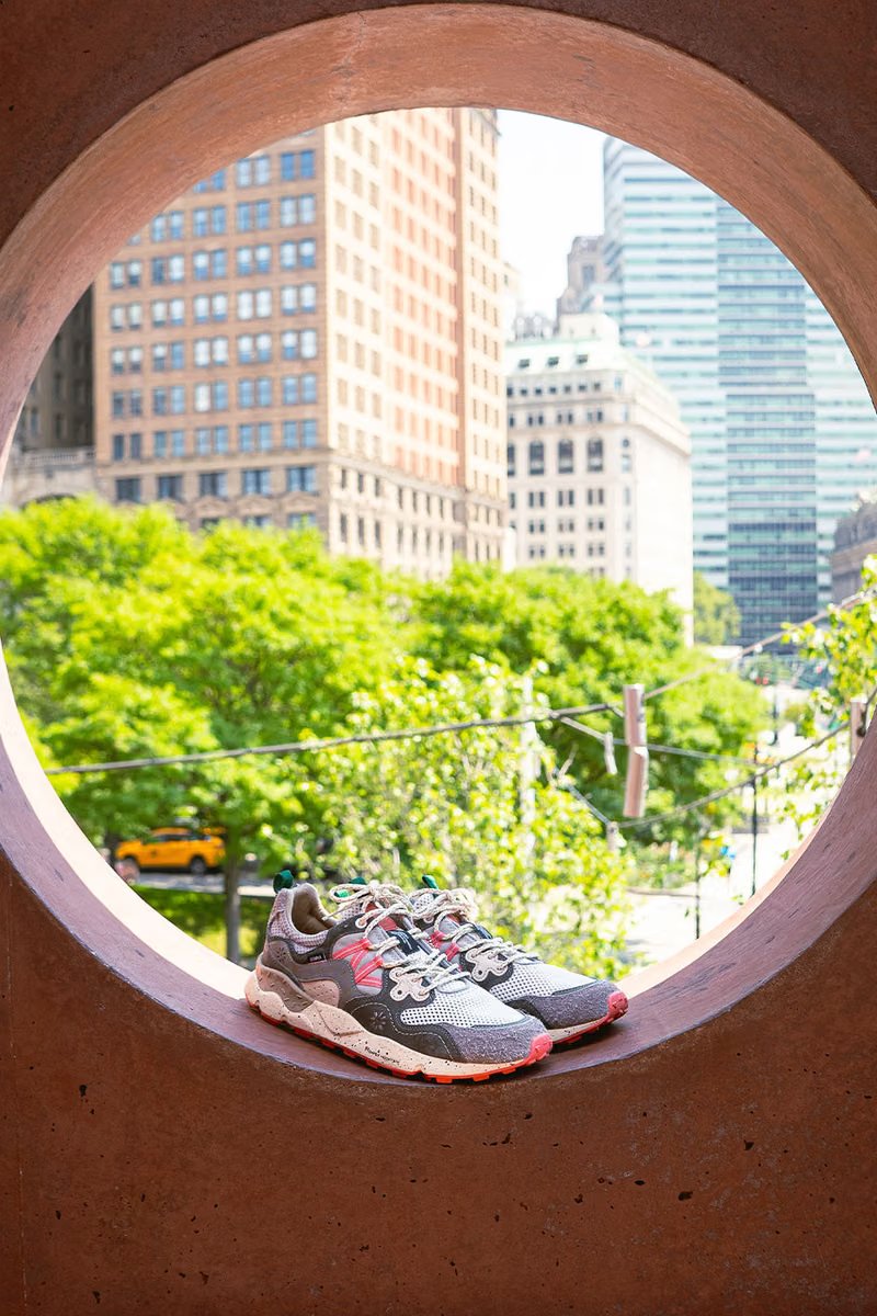 Flower Mountain x Staple Yamano 3 sneaker featuring floral and pigeon embroidery in charcoal grey, dusty coral, and orange - detail view 3