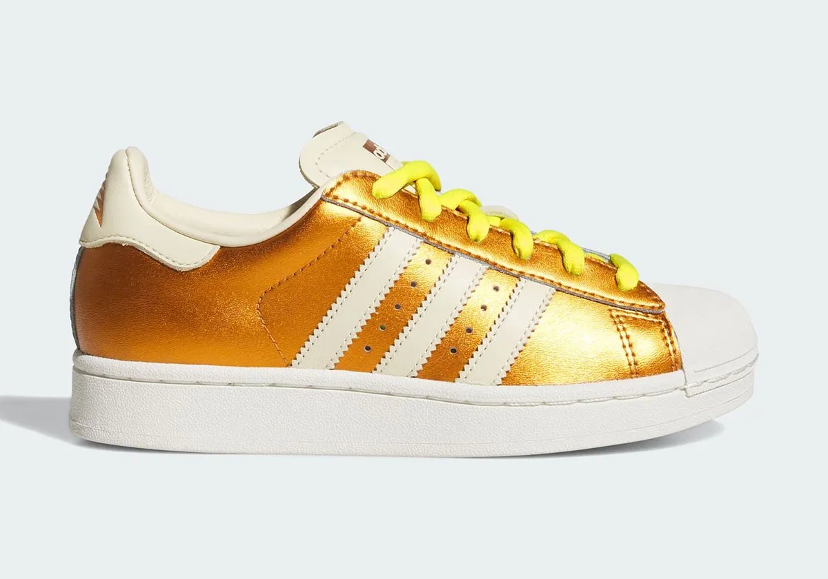 adidas Anthony Edwards Superstar in Metallic Gold leather with off-white stripes and signature rubber toe cap - detail view 2