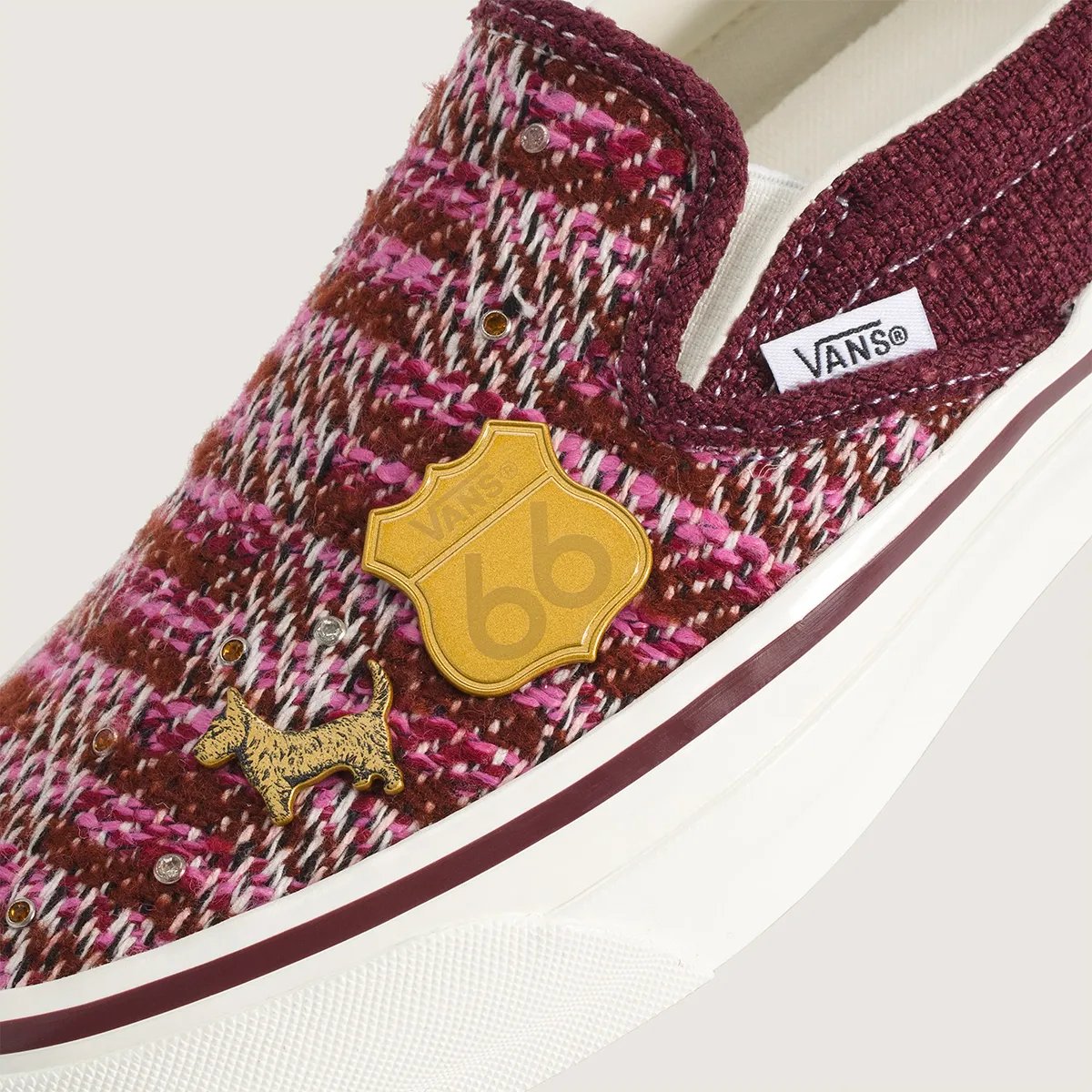 Vans Slip-On Cardigan in pink/red and white colorway with multi-color yarn and embroidered Americana details - detail view 3